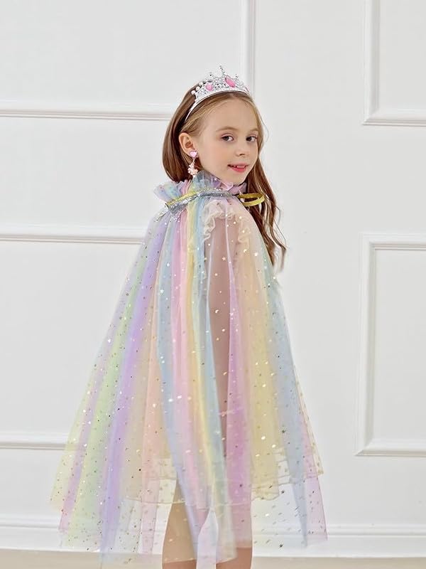 Image of Princess Cape for Girls - Colorful Sequin Cloak with Crown and Wand for Birthday, Halloween, Fancy Dress & Carnival