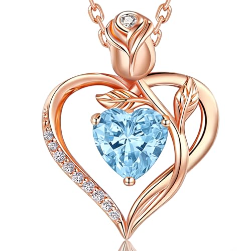 JACUPO Heart Birthstone Rose Gold Necklace for Women(03 - Aquamarine)