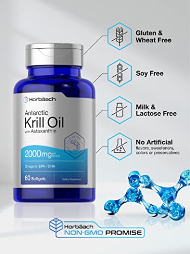 Antarctic Krill Oil 2000Mg | 60 Softgel Capsules | Omega-3, Epa, Dha Supplement | With Astaxanthin | Non-Gmo, Gluten Free | By Horbaach #TOP3
