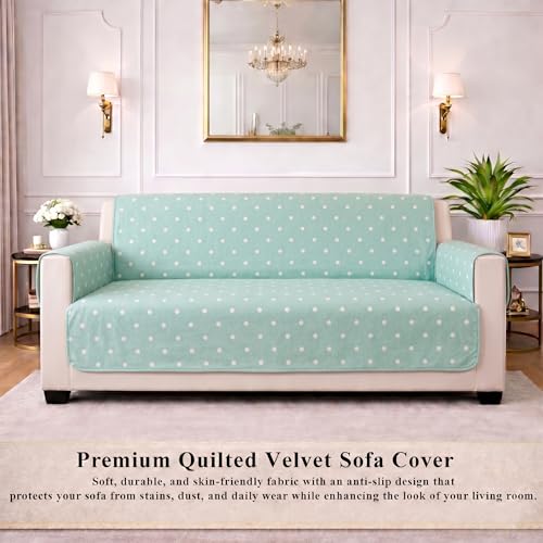 Image of STITCHNEST 'CloudFeel Series' Quilted Printed Velvet Sofa Cover for 3 Seater | Premium Soft Velvet Sofa Protector | Mint Green Polka Dot Design with Armrest Pockets | Furniture Cover
