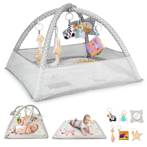 Image of 6-in-1 Baby Play Gym Activity Center, Portable Baby Activity Mat with 6 Removable Toys for Motor Skills & Sensory Development, Baby Tummy Time Play Mat for 0-18 Months, Easy Clean & Assemble (Grey)
