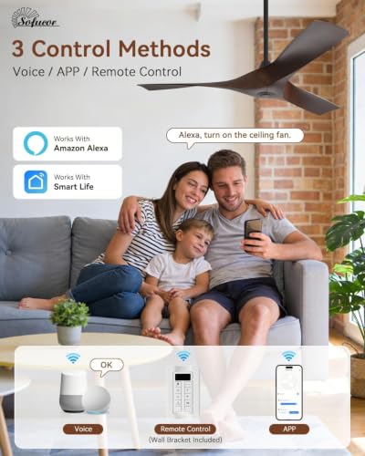 Image of Sofucor 52 Inch Smart Ceiling Fan No Light, Modern Ceiling Fan with 3 Plastic Blades, Compatible with Alexa /Google /App, 6 Speeds 4500CFM, Timer Quiet Reversible DC Motor, ETL /FCC