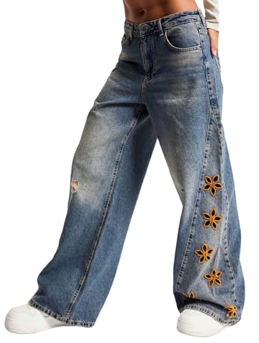 loveimgs Women Baggy Y2k Distressed Jeans Boyfriend Embroidered Ripped Denim Pants Wide Leg Patchwork High Waist Chambray