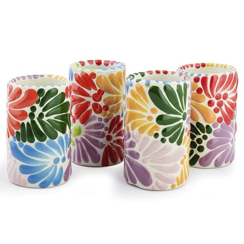 Image of Talavera Shot Glasses Set of 4 Authentic Mexican Tequila Shot Glasses - Hand-painted - 2 Oz (Multi Petal)