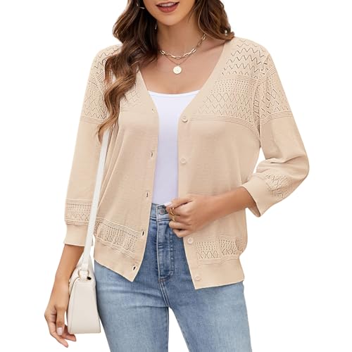 Women's Lightweight Cardigan Sweaters 3/4 Sleeve V Neck Button Down Hollowed-Out Trendy Cardigan Knit Shrugs Tops