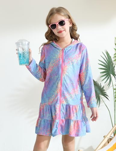 Image of Girls Swim Cover Up Kids Long Sleeve Swimsuit Coverup Terry Beach Pool Clothes with Sunglasses