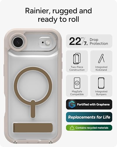 Image of ZAGG Rainier Case with Kickstand for iPhone Air - Gray Sandstone, Graphene 22ft (7m) Drop Protection, Lanyard Attach Points, MagSafe, Wireless Charging Compatible, 2-Piece Design, Phone Case