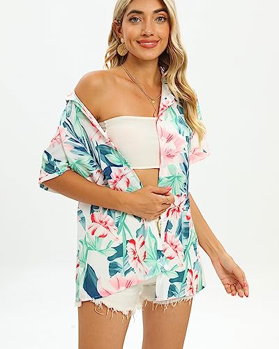 Womens Hawaiian Shirts Soft Cool Floral Print T-Shirt V Neck Short Sleeve Tropical Button Up Tops3