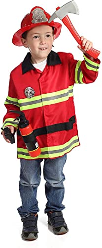 DRESS 2 PLAY Firefighter Costume for Kids - Fireman Toddler Dress Up Set for Pretend Play, Halloween or Birthday Party - Red Fire Fighter Uniform with Accessories for Boys and Girls - For 3-7 Years Old