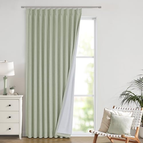 Image of Vision Home Soft Green Pinch Pleated Full Blackout Curtains Linen Blended Room Darkening Window Panels 90 inch for Living Room Bedroom Thermal Insulated Pinch Pleat Drapes with Hooks 60 inch Wx90 Lx1