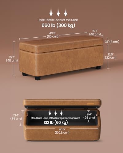 Image of VASAGLE EKHO Collection - Storage Ottoman Bench, Entryway Bedroom Bench, 25 Gallons, Synthetic Leather with Stitching, Mid-Century Modern, Safety Hinges, Loads 660 lb, Caramel Brown ULOM075K01
