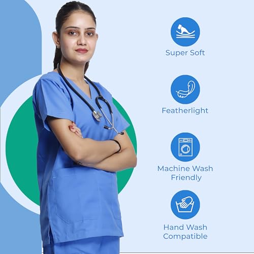 Image of Medical Scrub Suit For Women - Sky Blue (Extra Small) | Poly Viscose Fabric | Ultimate Comfort and Breathability | Elasticated Waist | Multiple Pockets | V-Neck