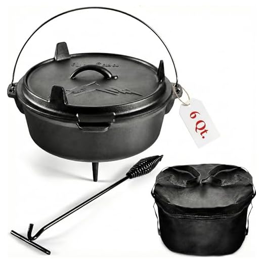 Uno Casa 6Qt Cast Iron Camping Dutch Oven with Lid Lifter and Storage Bag - Pre-Seasoned Outdoor Dutch Oven for Campfire Cooking, Stews, and Baking - Durable Cast Iron Pot for Camping and Hiking