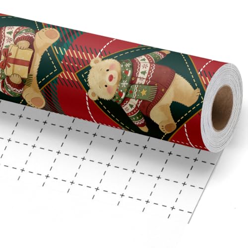 LaRibbons Vintage Christmas Wrapping Paper Plaid Teddy Bear 17 In x 33 Ft