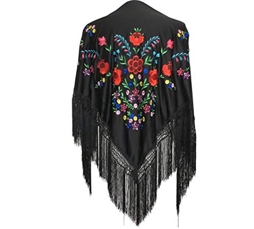 La Señorita Foulard cintura chale manton de manila Flamenco di danza nero con diversi fiori colorati Large