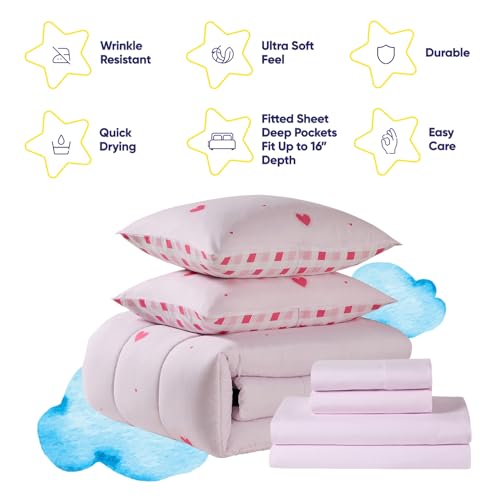 Image of Heart Comforter Set Full Size for Girls - Soft Pink Bed in a Bag with Sheets, Pillowcases & Shams - Cute Kids Bedding with Love Hearts Design - Cozy Microfiber for Child or Tween Bedroom Decor