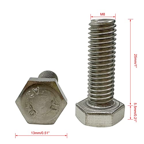 Image of M8 Hex Bolt, M8-1.25 x 25mm Hex Head Screw Bolts, 304 Stainless Steel, Fully Threaded, Plain Finish, Hex Tap Bolts 15Pcs (M8x25mm)