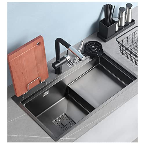 Fregadero de cocina de acero inoxidable 304, color negro, multifuncional, con barra de escalón, ideal para caravanas, incluye grifo y desagüe, montaje superior/debajo del mostrador, 82 x 45 x 2 cm