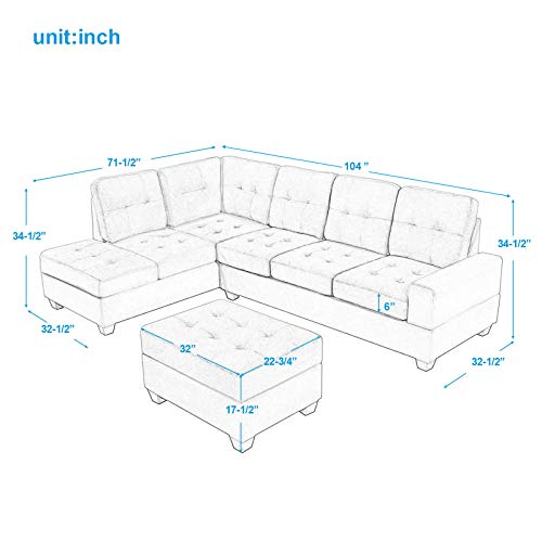 AUKUYEE 3 Piece Microfiber Sectional Sofa and Storage Ottoman L-Shape Couch Living Room Set, Reversible Chaise Lounge and Cup Holders, Gray - Thumbnail 4
