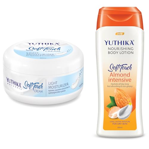 Image of Yuthika Almond Body Lotion 300 ml and Soft Touch Face Cream 300 ml Combo Hydrating Moisturizer for All Skin Types Non Greasy Body Lotion for Men and Women Nourishing Face Cream for Dry Skin