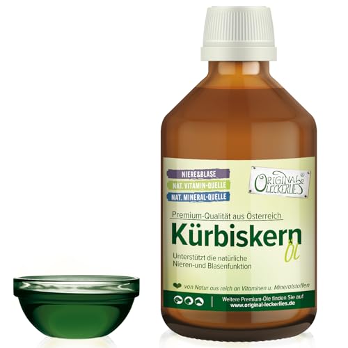 ORIGINAL LECKERLIES® Kürbiskernöl 250 ml in brauner Apotheker-Glasflasche, kaltgepresst, nat. Vitamine, Lebensmittelqualität, natürliche Unterstützung der Blase, Naturprodukt für Hunde, Katzen, Pferde