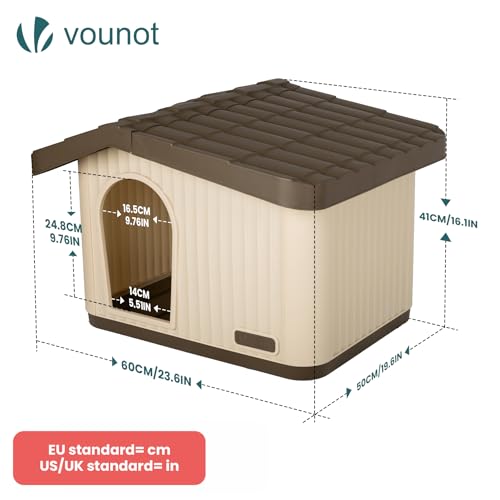 VOUNOT® Katzenhaus & Hundehütte Indoor Outdoor, Winterfest und Wetterfest, schräges Dach, mit Belüftung und rutschfesten Füßen, Haustierhaus für Katze, Hund und Kaninchen, 60 x 51 x 41 cm, Beige