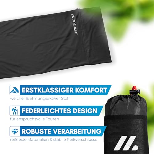 NORDMUT® Hüttenschlafsack Mikrofaser Ultraleicht - Sommerschlafsack Kleines Packmaß & Atmungsaktiv - Schlafsack Dünn & besonders weich inkl. Kissenfach [220 x 90 cm]