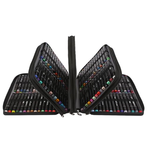 Image of Marker Pen Organizer Case 224 Slots w /Handle & Shoulder Strap | 4-Layer Zipped Pencil Pouch PU Leather w /Open Front pocket for Gel Pen Markers to Artists, Painters
