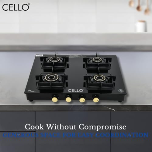 Image of Cello PEARL PLUS GT 4 Burner Gas Stove - Flower Design Brass Burners, 6mm Toughened Glass, Heavy-Duty Brass Valves, Flame Guard Pan Supports