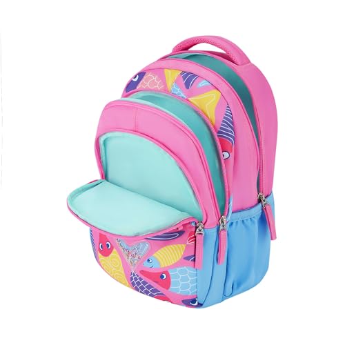 Image of Genie Finley Kids Backpacks, 15 inch Cute, Colourful Bags for Girls, Water Resistant and Lightweight, 3 Compartment with Happy Pouch, 20 Liters, Nylon Twill, Pink