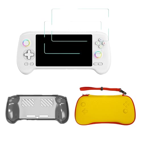 TEHAOUU Kit de protection pour Anbernic RG557, coque et protection d'écran en verre trempé, étui de voyage en TPU pour accessoires RG557 (noir transparent)