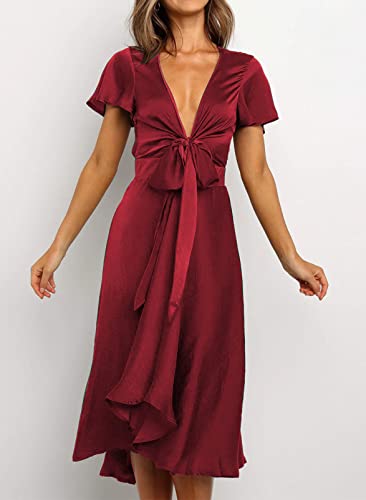 Image of miduo Womens Satin V Neck Ruffle Short Sleeve Tie Front High Waist Midi A-Line Maxi Dresses