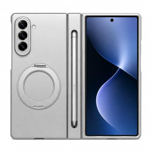 Image of amazon basics Armor Case for Samsung Galaxy Z Fold 8 Ultra with 360 Rotating Ring Stand, Built-in Screen Protector, Hinge Protection, and Included Stylus Pen (Matte Silver)