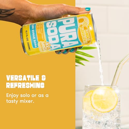Image of PuraSoda Lemon Elderflower - 12g Pure Cane Sugar Soda, 10 Fl Oz, Pack of 12 | Real Fruit Extract, Non-Gmo Vegan, No Stevia Or Artificial Sweeteners, 12g Cane Sugar, 10 Fl Oz Cans