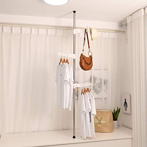 縦突っ張り棒 縦つっぱり棒 3個フック付き テンションロッド高さ260~310cm 突っ張りハンガーラックコートハンガー 衣類収納 高さ調節可能 耐荷重10kg ワンタッチで設置 落ちにくいフック 組立 多機能収納ラック伸縮ポール 3個フック付き