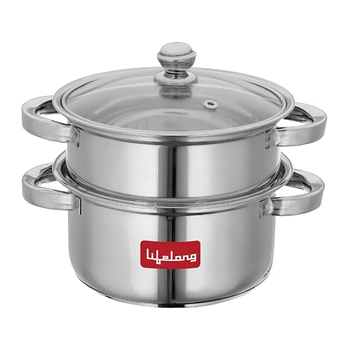 Lifelong 2-Tier Steamer/Momo/Modak Maker | Induction Compitable with Glass Lid & Riveted Handles | 18 cm Stainless Steel Multi-Purpose Cooking Steamer