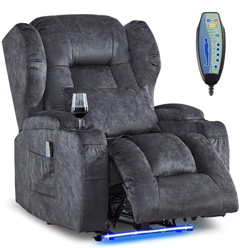 Image of DRMBOOK Power Recliner Chair, Electric Wall Hugger Reclining Sofa with Massage & Heat, Overstuffed Theater Seating with LED /USB Port /Cup Holders for Living Room (Velvet Grey, 1 Chair)