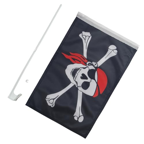 Image of Pirate Red Bandana Car Flag 18'' x 12'' - Jolly Roger Car flags 30 x 45cm - Banner 18x12 INCHES PLASTIC STICK - AZ FLAG