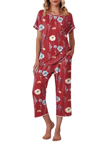 Image of Ekouaer Womens Capri Pajama Sets Print Short Sleeve Sleepwear Top and Pants