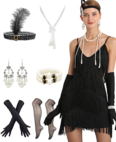 Women 1920s Gatsby Flapper Dress Sexy Open Back Strap Fringed Cocktail Party Dress with 20s Accessories