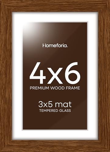 Image of Homeforia 4x6 Brown Oak Picture Frame, High-End Wood, 3x5 Mat, Glass | High End Solid Oak Wood, Tempered Glass, Acid-Free 3x5 Removable Mat, 4x6 Edge-to-Edge Display 6x4, Wall Kit, Set Of 1