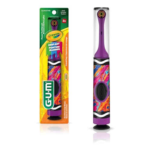 GUM Crayola Power Toothbrush for Kids, Extra Soft Bristled Toddler Toothbrushes, Travel Cap + Suction Cup Base, Batteries Included, 1 Count