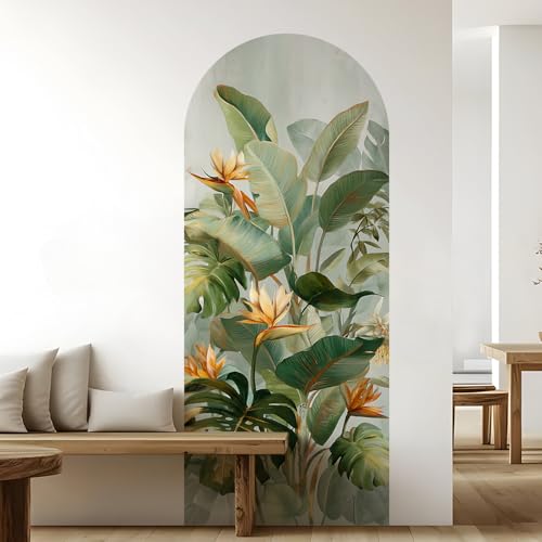 Image of PAPER PLANE DESIGN Tropical Arch Wall Mural - Peel & Stick Banana Leaf & Bird of Paradise Wallpaper - Waterproof Self Adhesive Canvas Texture for Bedroom, Living Room & Entryway, 6ft x 2.5ft (C)