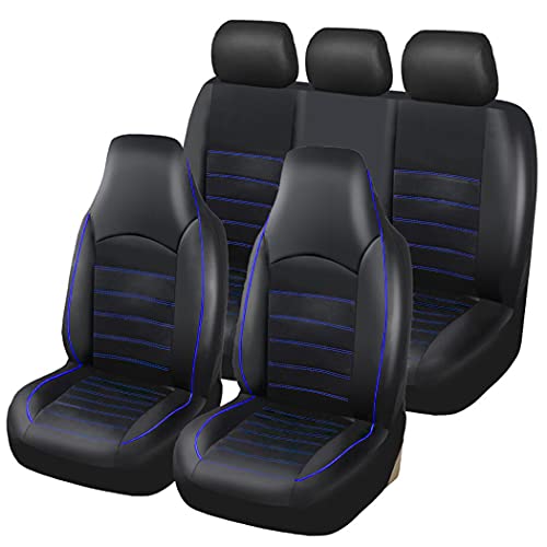 TOYOUN Juego Completo de Fundas Asientos Coche Universal Piel Sintético Funda de Asiento para Coche Impermeable Protector para Asientos Delanteros y Traseros de Automóvil 5 plazas, Azul Cover