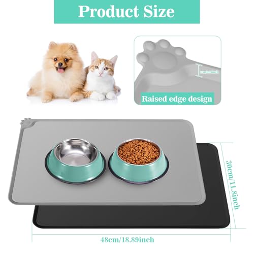 Domkan 2 Napfunterlage für Katzen und Hund, 48x30cm Hundenapf Unterlage, Silikon Rutschfeste Futtermatte, Wasserdichte Napfunterlage Mit Rand, Schwarz und Grau