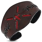 Material: piel Tata Gisèle - Pulsera abierta de piel marrón con detalles rojos en el centro y cordones negros en los laterales