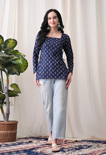 Image of MEERA FAB Women's Floral Printed Cotton Short Kurta Square Neck | Floral Printed Kurta with Full Sleeves | Short Kurti for Women