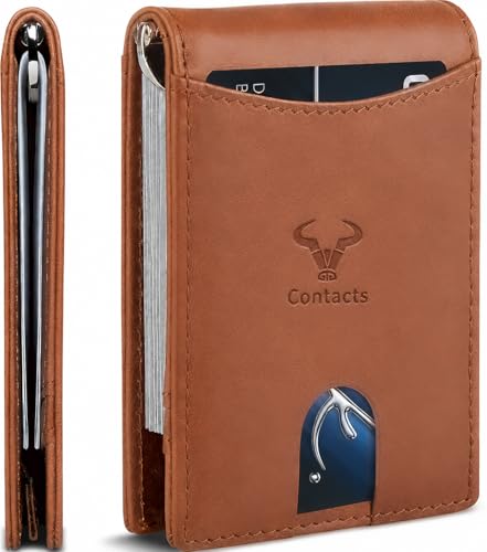 Image of Contacts Genuine Leather Money Clip Wallet Slim Front Pocket RFID Blocking Card Holder Minimalist Mini Bifold for Men's with Smart Pull Strap 8 Card Slots Photo ID (Temp)