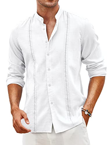 COOFANDY Men's Cuban Guayabera Shirts Casual Long Sleeve Button Down Shirts Band Collar Linen Summer Beach Shirts