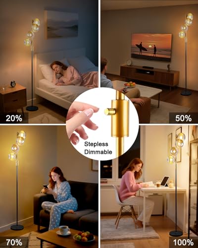 Image of Lightdot 64IN Dimmable Floor Lamp with Glass Globe Shade, Modern Gold &Black Standing Lamps with 4PCS Warm White Bulbs Included, Mid Century Floor Lamp with 5Lbs Heavy Base for Living Room /Sofa Beside